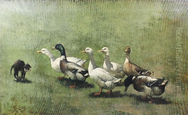 Ducks And Cat by Horace Mann Livens