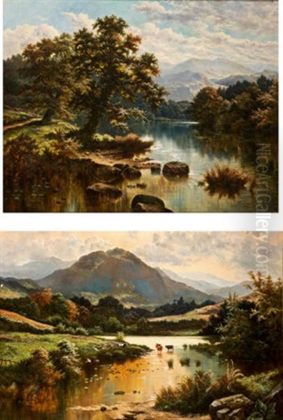 Welsh River Landscape With Mountainous Backgrounds; Pair) Oil Painting by Horace Mann Livens