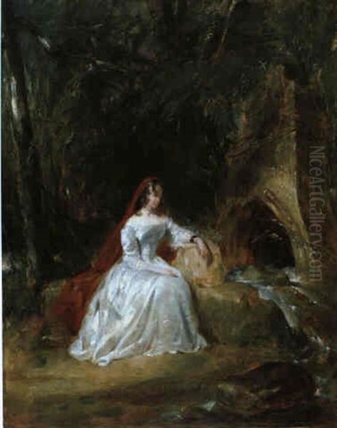 Lady Lucy Ashton, In Parklandschaft Vor Einer Brunnenanlage Sitzend Oil Painting by Henry Liverseege