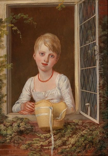 Portrait Of A Girl With Straw Bonnet Looking Out Of A Window Oil Painting by Richard Livesay