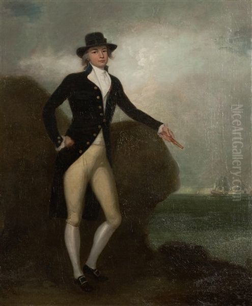 Portrait Of A Naval Captain, Believed To Be Anthony Thomas Swinburne Rn Of Hms Miranda, Full Length, Standing, His Hand Resting On A Rock, Shipping In The Distance Oil Painting by Richard Livesay