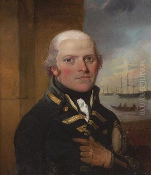 Sir George Murray Wearing Naval Uniform, He Holds His Sword In The Crook Of His Left Arm, Beyond Him An Open Window To A Scene Of Ships And A Rowing Boat Oil Painting by Richard Livesay