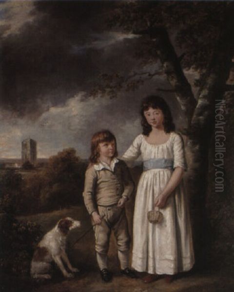 Portrait Of A Yuoung Boy And A Girl With Their Dog Oil Painting by Richard Livesay