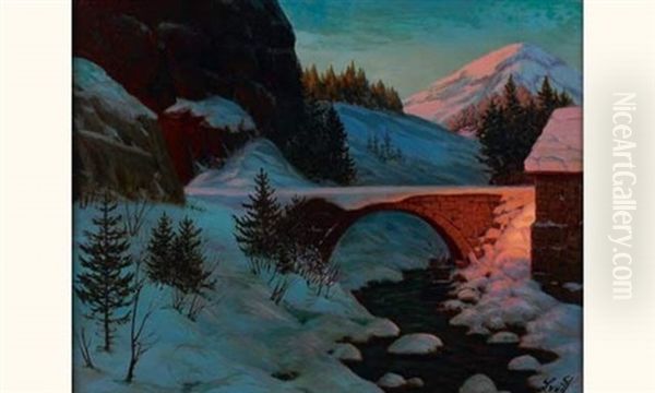 Pont Enneige Oil Painting by Piotr Livoff Ivanovitch