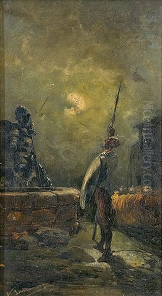 Don Quijote De La Mancha A La Luz De La Luna Oil Painting by Angel (Monedero) Lizcano y Esteban