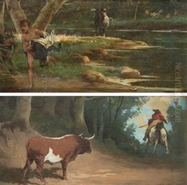 Escenas Con Toros (pair) Oil Painting by Angel (Monedero) Lizcano y Esteban