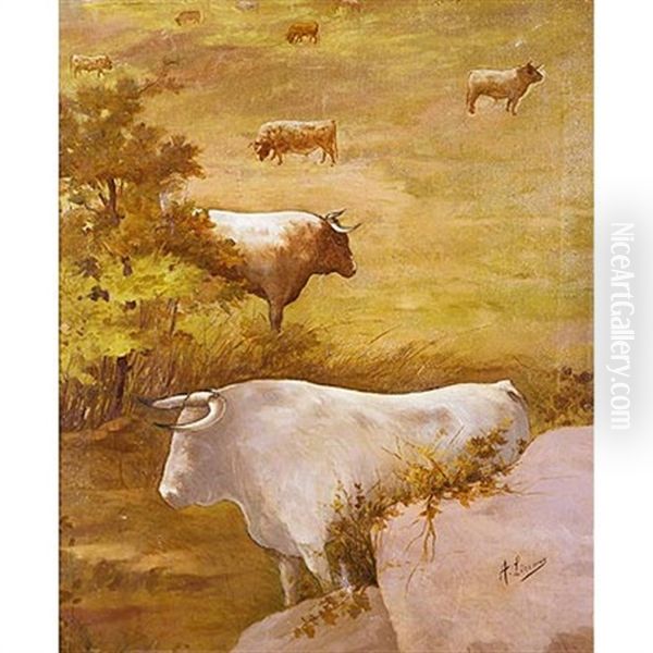 Toros En La Pradera Oil Painting by Angel (Monedero) Lizcano y Esteban