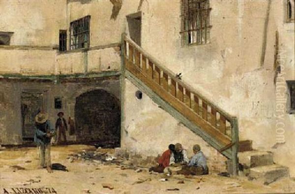 Boys Playing In A Sunny Street Oil Painting by Angel (Monedero) Lizcano y Esteban