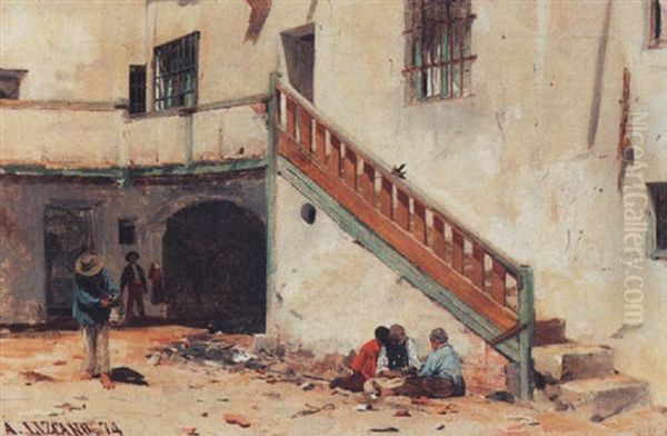 Children In A Courtyard Oil Painting by Angel (Monedero) Lizcano y Esteban