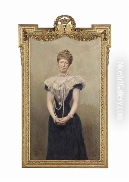 Portrait Of Queen Maria Cristina Of Spain, Queen Consort Of King Alfonso Xii, Three-quarter-length, In A Black Dress With Lace Bodice, Wearing A Pearl Necklace And Bracelets Oil Painting by Jose Llaneces