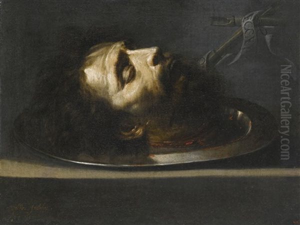 The Head Of Saint John The Baptist, On A Pewter Platter Oil Painting by Sebastian de Llanos Valdes