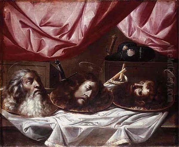 The Heads Of Saints Paul, John The Baptist And James The Great On Platters On A Draped Ledge Oil Painting by Sebastian de Llanos Valdes