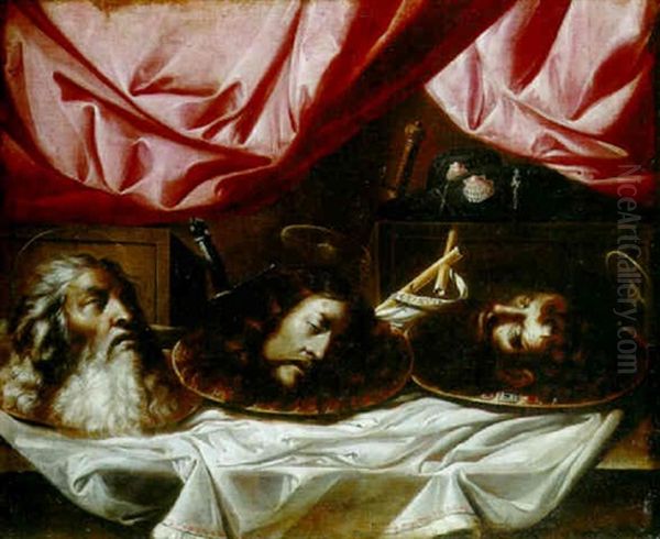 The Heads Of Staint Paul, John The Baptist And James Of Compostella On Platters On A Draped Ledge Oil Painting by Sebastian de Llanos Valdes