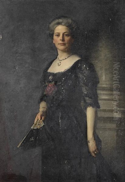 Portrait Of Lady Margaret, Baroness Harlech, Full-length, In A Black Dress Holding A Fan by William Samuel Henry (Sir) Llewellyn