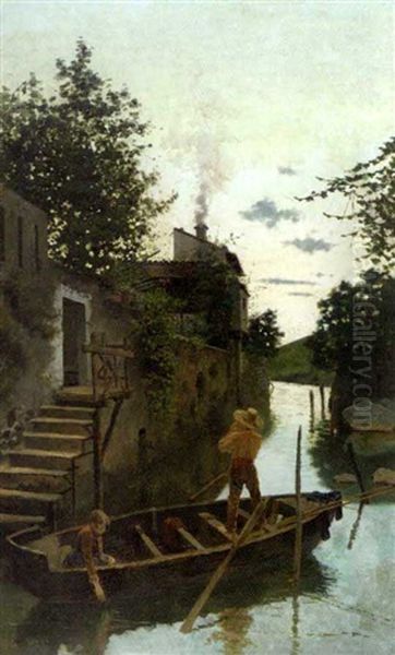 Atardecer En El Canal (evening On The Canal) Oil Painting by Joan Llimona y Bruguera