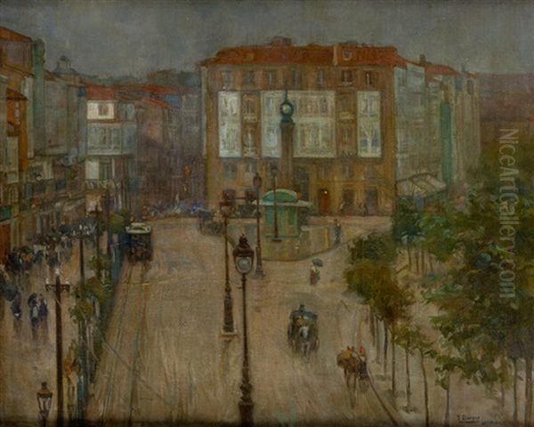 Plaza Del Obelisco. La Coruna Oil Painting by Francisco Llorens y Diaz