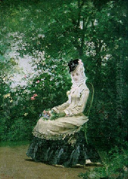 Elegant Lady In The Garden Oil Painting by Jose Llovera Bofill