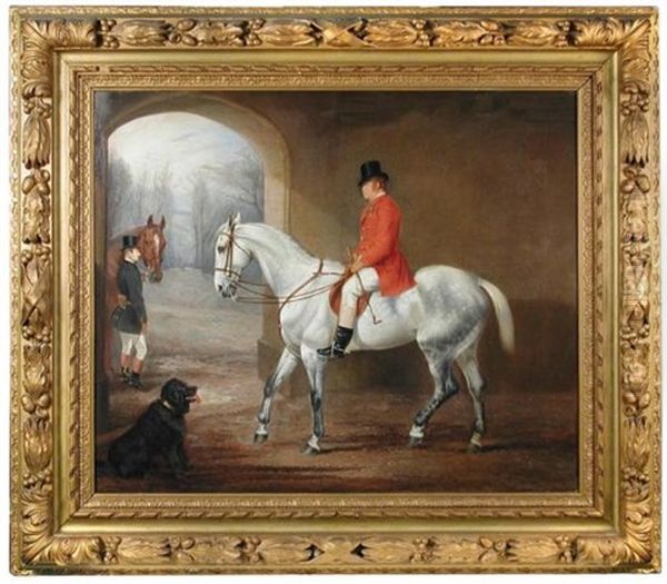 A Shropshire Squire Going Hunting, Wearing A Nosegay Of Flowers, Riding A Grey Hunter, His Groom With A Chestnut Second Horse And Sandwich Box On His Back, And A Black Retriever Alongside Oil Painting by Edward Lloyd