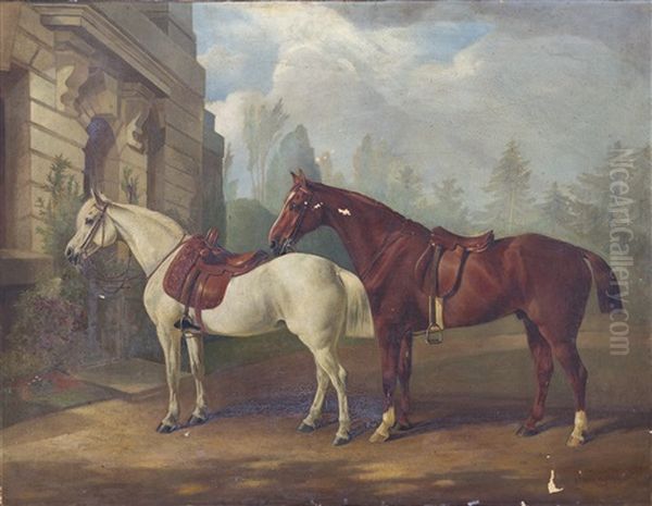 Two Saddled Hunters Oil Painting by Edward Lloyd