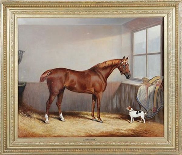 Chestnut Hunter And Dog In A Stable Oil Painting by Edward Lloyd