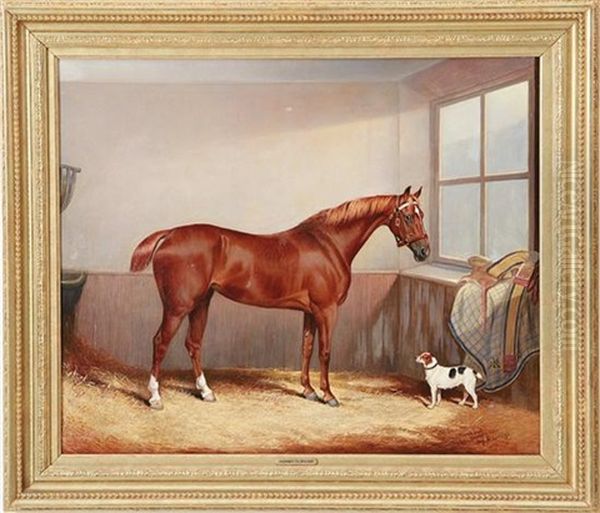 Chestnut Hunter And Dog In A Stable Oil Painting by Edward Lloyd