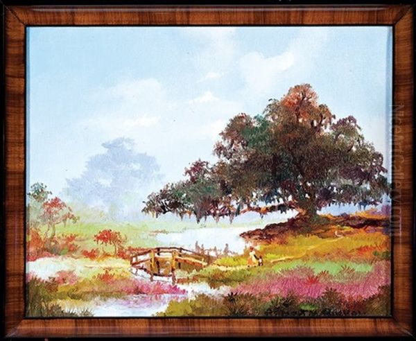 Louisiana Landscape With Live Oak, Bayou And Figures By A Bridge Oil Painting by Robert Malcolm Lloyd