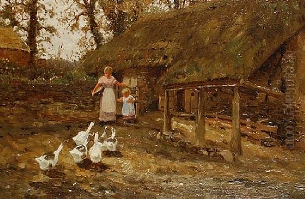 Feeding The Geese Oil Painting by Thomas James Lloyd