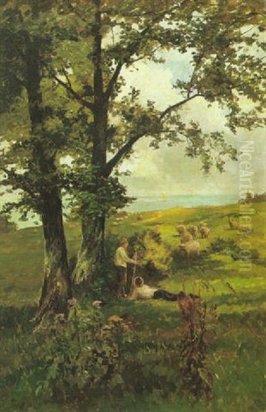 Shepherds And Their Flock Resting Under A Tree, On The Isle Of Wight Oil Painting by Thomas James Lloyd