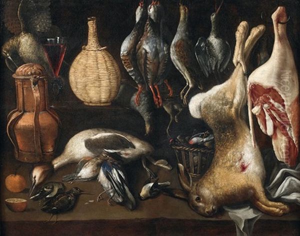 Nature Morte Aux Perdreaux Rouges A La Harde, Au Lapin Et Au Gigot D'agneau Sur Un Entablement Oil Painting by Alessandro de Loarte