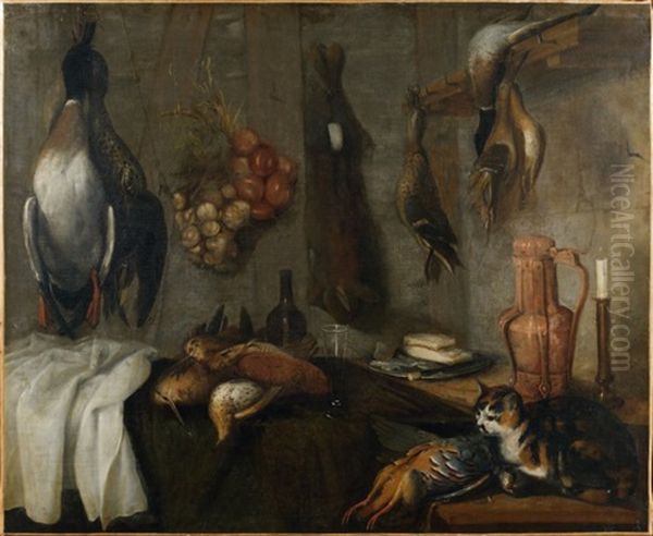 Canards, Perdrix, Becasses Pendues Dans Une Cuisine, A Droite Un Chat Convoite Une Perdrix Oil Painting by Alessandro de Loarte