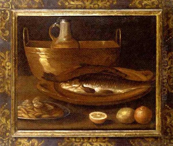 Fish On An Earthenware Platter, A Pitcher In A Copper Urn, A Dish Of Nuts, With Oranges And A Lemon On A Ledge Oil Painting by Alessandro de Loarte