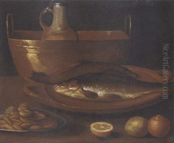 Fish On An Earthenware Platter, A Pitcher In A Copper Urn, A Dish Of Nuts, With Oranges And A Lemon On A Ledge by Alessandro de Loarte