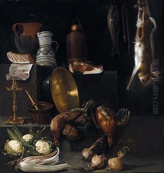 A Kitchen Still Life With Chickens, Hare, Fish, Onions, Cauliflower, A Cardoon And Various Kitchen Utensils Oil Painting by Alessandro de Loarte