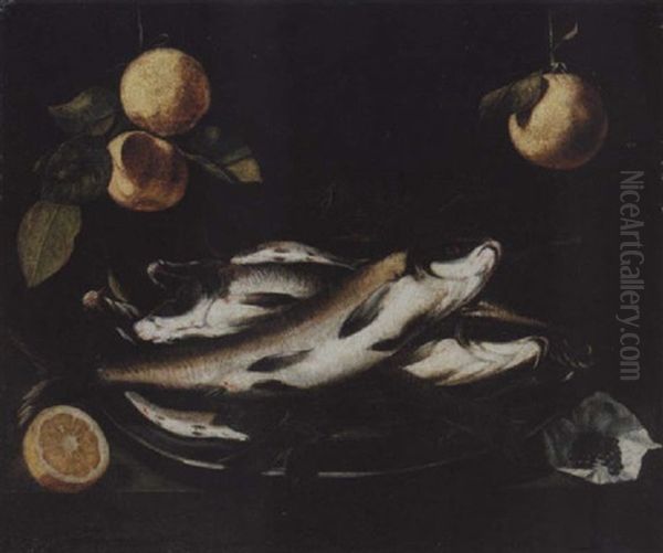 Still Life Of Fish On A Pewter Plate, Together With Peppercorns And A Sliced Lemon, Upon A Stone Ledge, With Oranges Hanging Above Oil Painting by Alessandro de Loarte