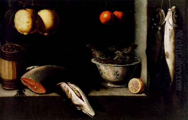 Lemons, Oranges, A Barrel Of Olives, Salmon And A Bowl Of Fish In A Niche Oil Painting by Alessandro de Loarte