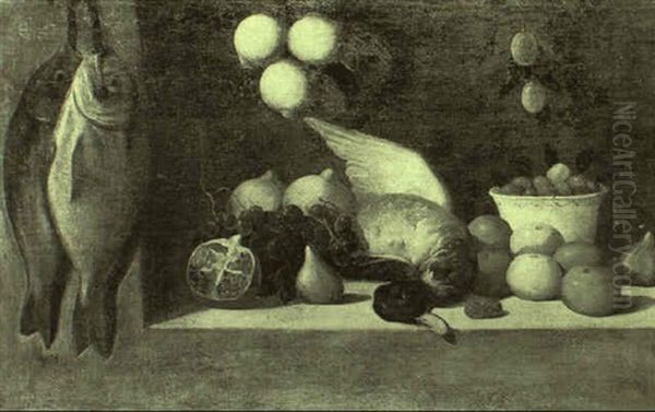 Still Life With Hanging Fish, A Dead Mallard And Fruit Oil Painting by Alessandro de Loarte