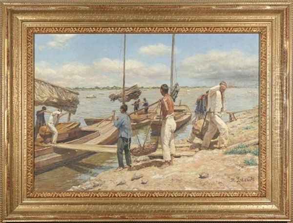 Unloading The Boat Oil Painting by Serguei Ivanovitch Lobanoff