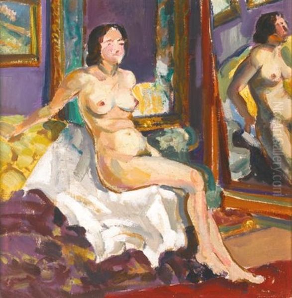 Seated Nude By A Mirror Oil Painting by Serguei Ivanovitch Lobanoff