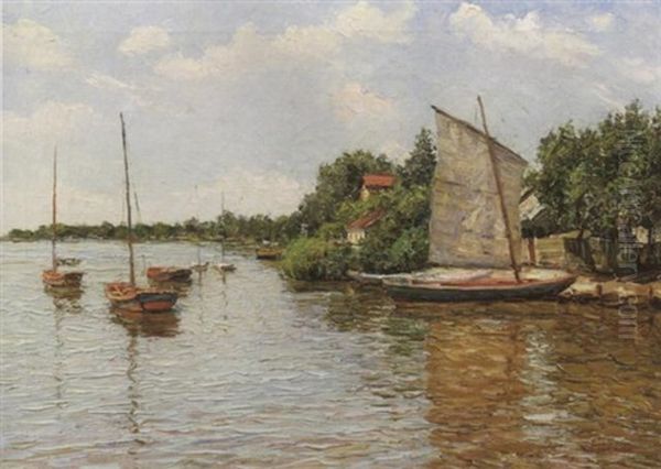 Segelboote Am Ufer Der Wolga Oil Painting by Serguei Ivanovitch Lobanoff