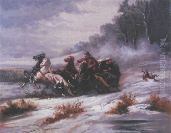 Traineau Sous La Neige Poursuivi Par Les Loups Oil Painting by Serguei Ivanovitch Lobanoff