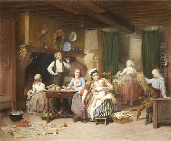 Family Time Oil Painting by Charles Auguste Romain Lobbedez