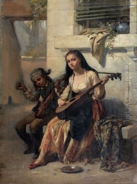 Enfants Musiciens Des Rues Oil Painting by Charles Auguste Romain Lobbedez