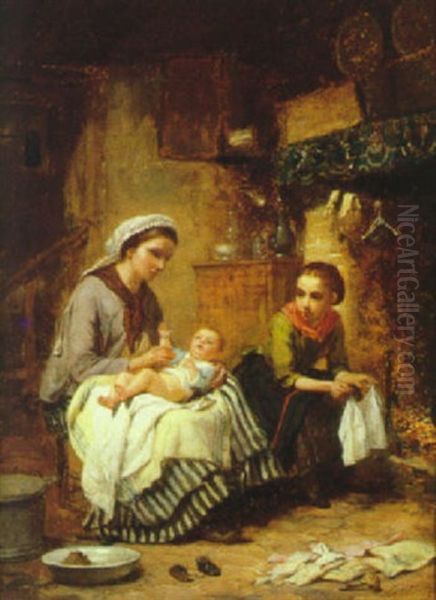 Kokkeninterior Med Moder, Pige Og Spaedbarn Oil Painting by Charles Auguste Romain Lobbedez