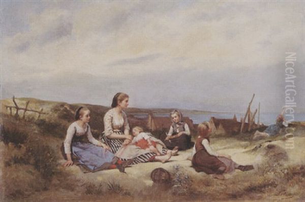 Repos De La Famille Sur La Greve Oil Painting by Charles Auguste Romain Lobbedez