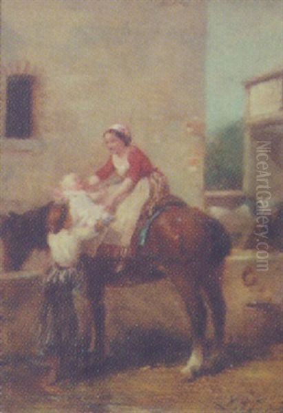 Village Scene With Mother And Child On Horseback Oil Painting by Charles Auguste Romain Lobbedez