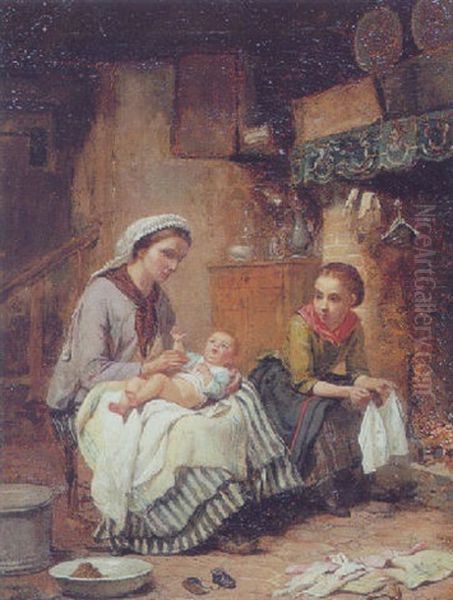 Interior Med Mor, Der Klaeder Sit Lille Barn Pa, Medens Storesoster Ser Pa Oil Painting by Charles Auguste Romain Lobbedez