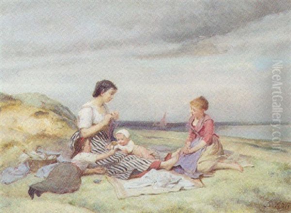 Tricot Sur La Plage Oil Painting by Charles Auguste Romain Lobbedez