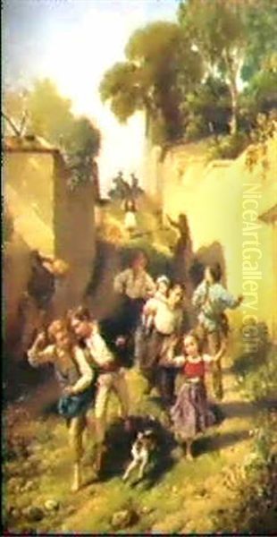 Les Enfants Jouant Dans La Ruelle Oil Painting by Charles Auguste Romain Lobbedez