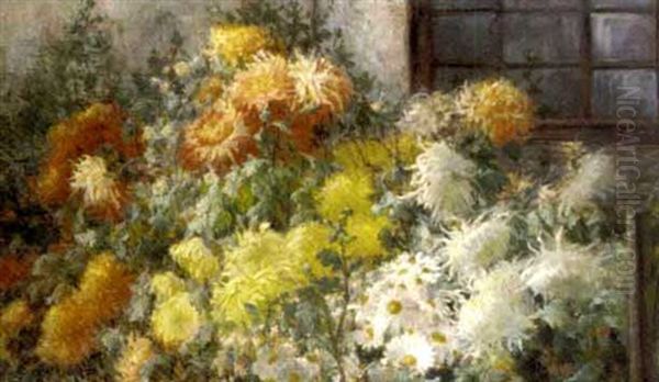 Chrysanthemum And Daisies Outside A Cottage Oil Painting by Clara Lobedan