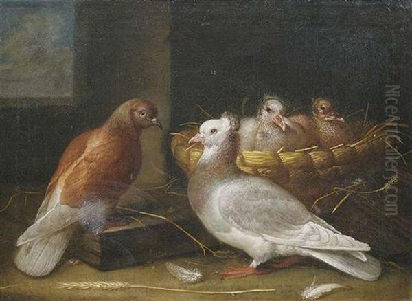 Ein Taubenpaar Mit Ihrem Nachwuchs, Dem In Einem Weidenkorb Ein Nest Bereitet Wurde Oil Painting by Johann Friedrich Loeber